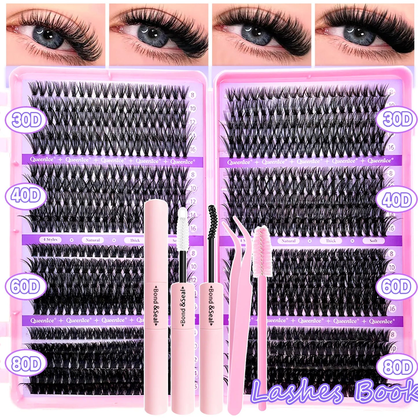 DIY Lash Extension Kit – Cluster Individual Eyelashes 9-16mm with Bond & Seal | Wispy Natural Look