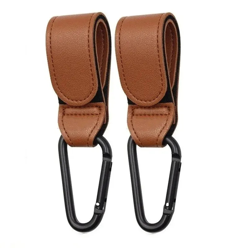 2-Pack PU Leather Stroller Hooks – Adjustable Pram & Diaper Bag Hanger