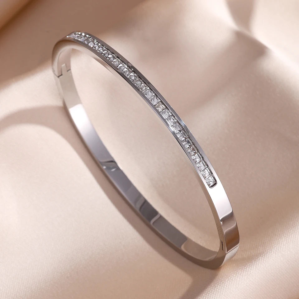 Sparkling Zirconia Stackable Bangle Set – Non-Fading Stainless Steel Bracelets for Women
