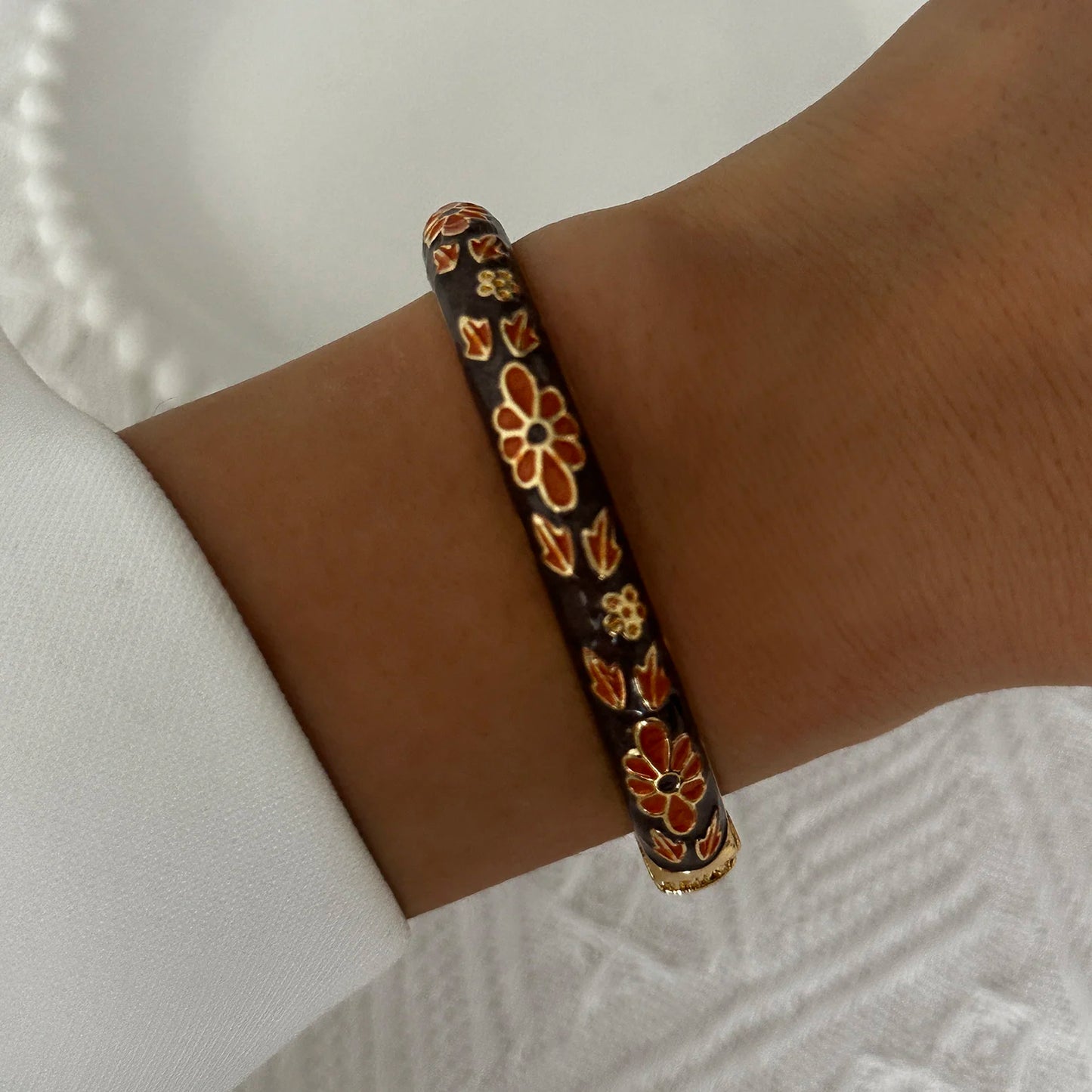 Enamel Flower Bracelet for Women | Retro Gold Plated Evil Eye Zircon Bangle