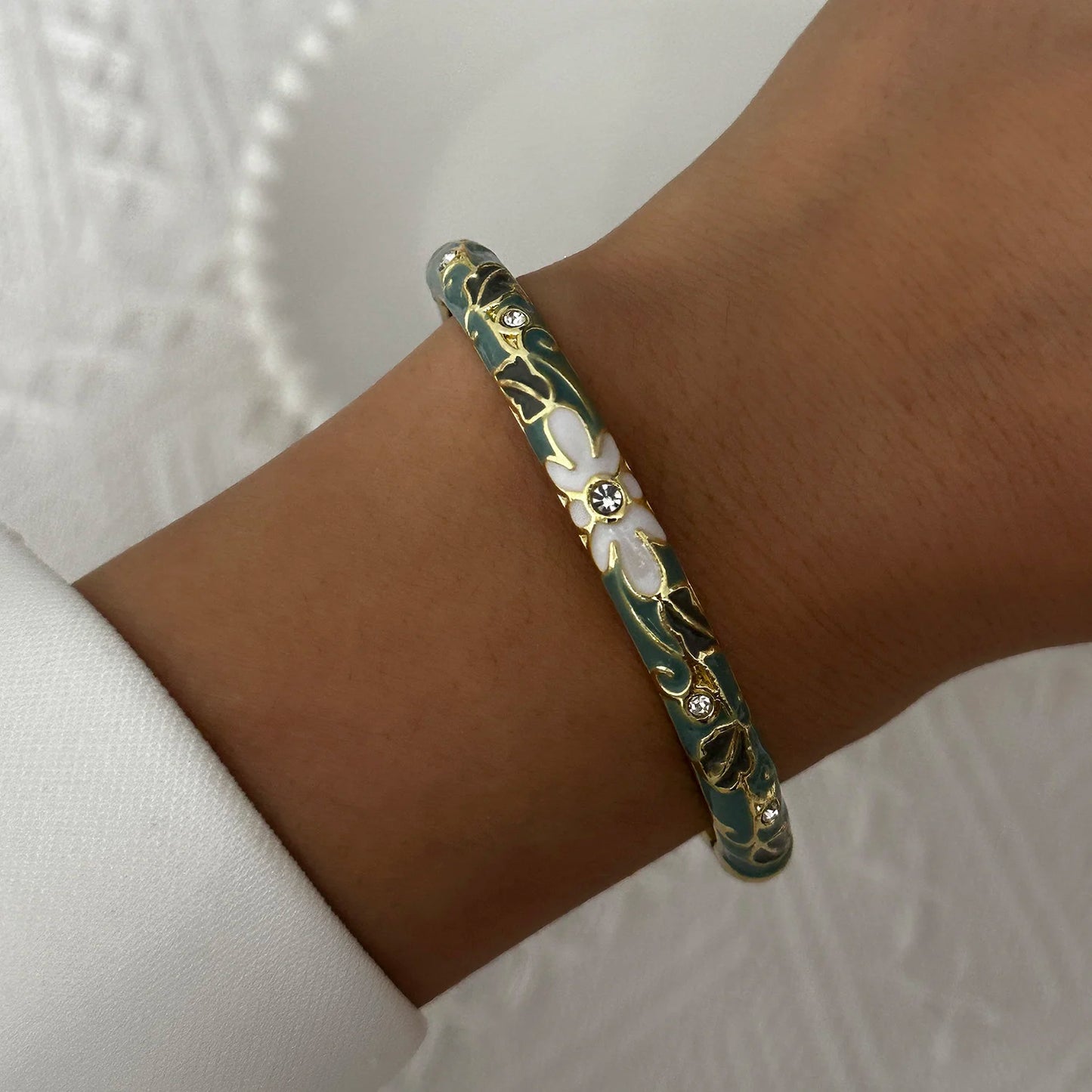 Enamel Flower Bracelet for Women | Retro Gold Plated Evil Eye Zircon Bangle