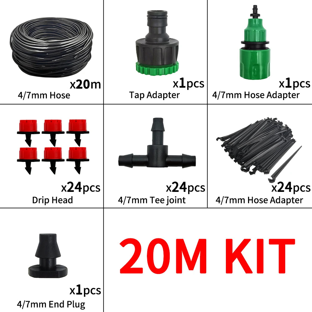 Micro Drip Irrigation Kit – Automatic Watering System with Adjustable Drippers & Misting Nozzles (5M–20M)