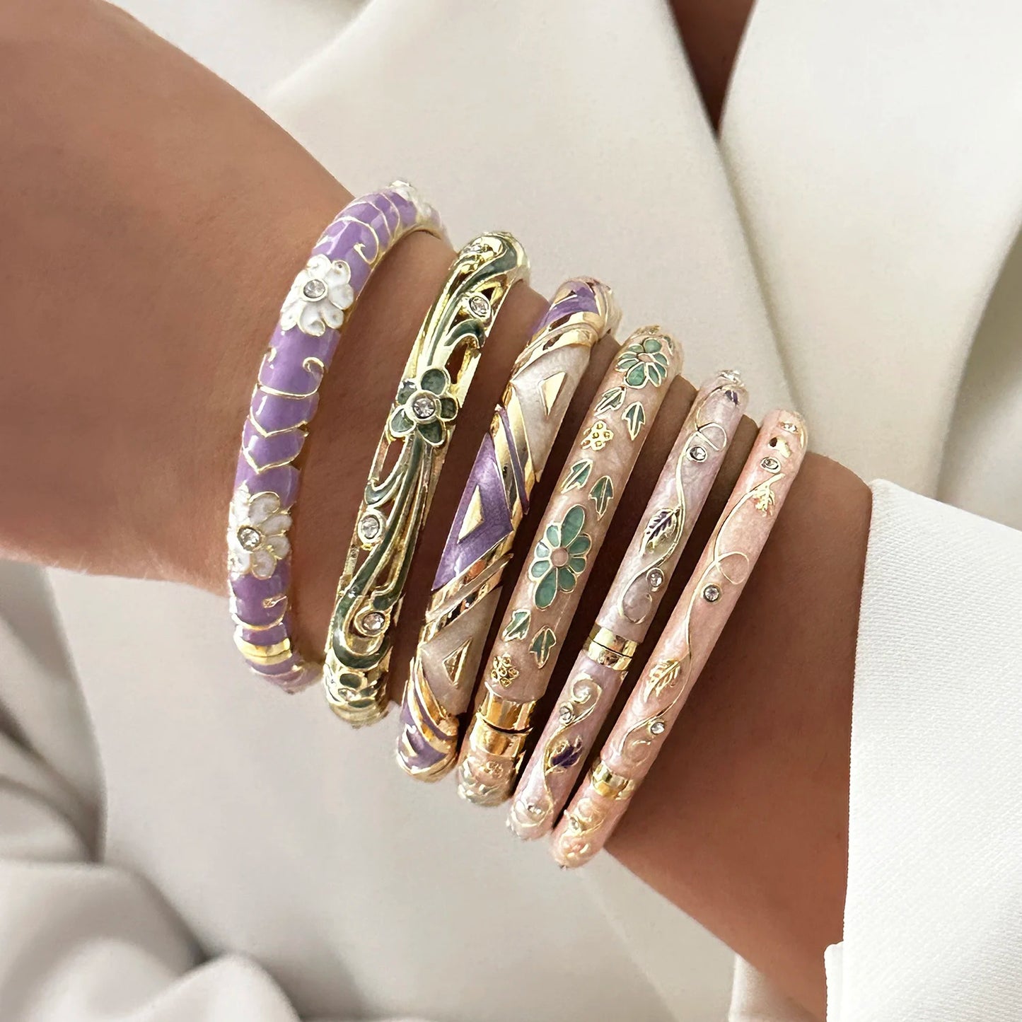 Enamel Flower Bracelet for Women | Retro Gold Plated Evil Eye Zircon Bangle