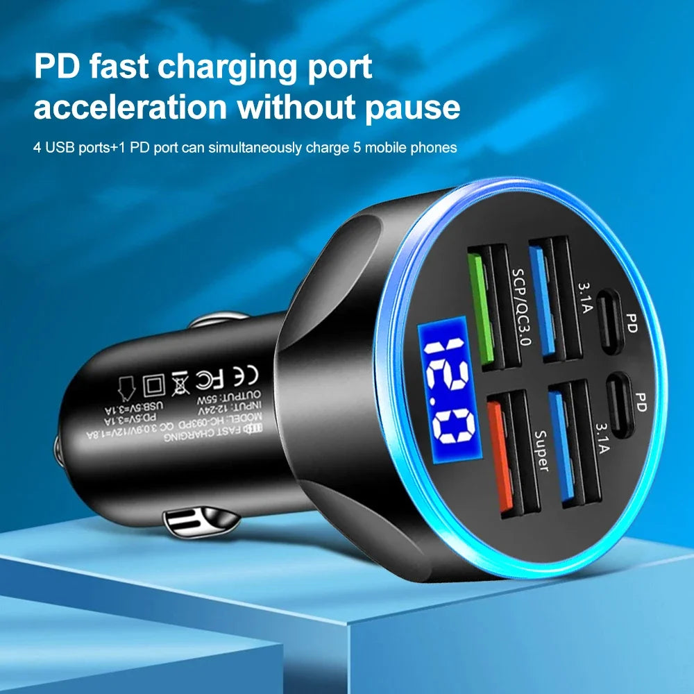 66-250W PD Car Charger – Multi-Port USB-C Fast Charge with Digital Display