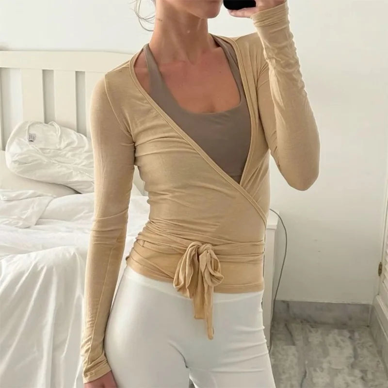 Women's Cross Wrap Yoga Crop Top – Long Sleeve Deep V-Neck Slim Fit