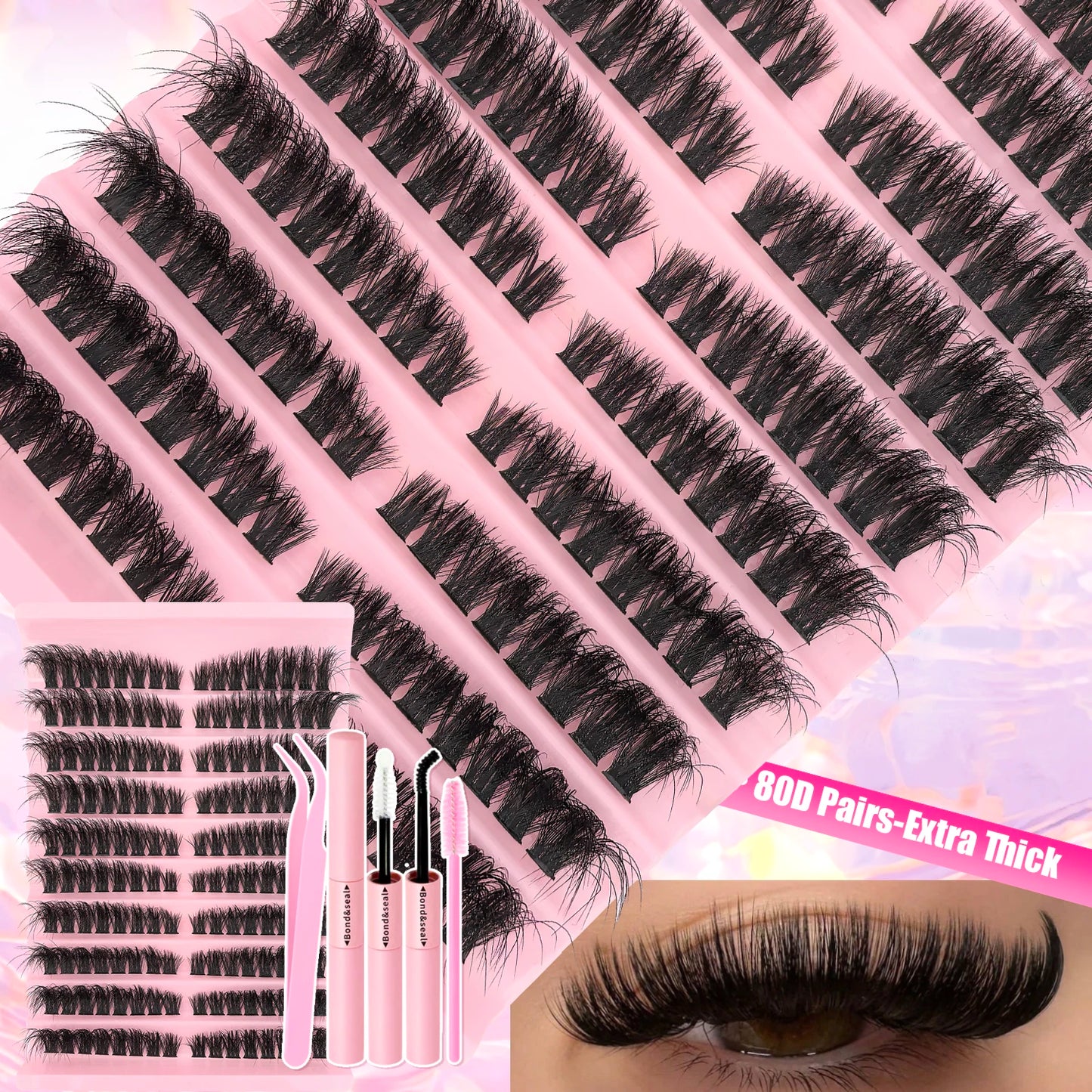 DIY Lash Extension Kit – Cluster Individual Eyelashes 9-16mm with Bond & Seal | Wispy Natural Look