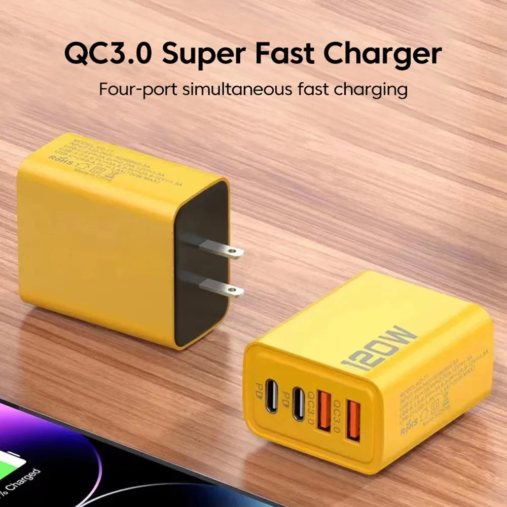 4-Port USB-C Fast Charger 120W – Quick Charge 3.0 for iPhone, Samsung & More