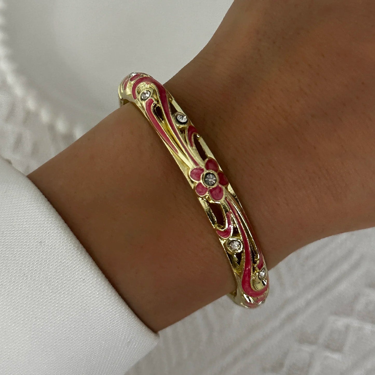 Enamel Flower Bracelet for Women | Retro Gold Plated Evil Eye Zircon Bangle
