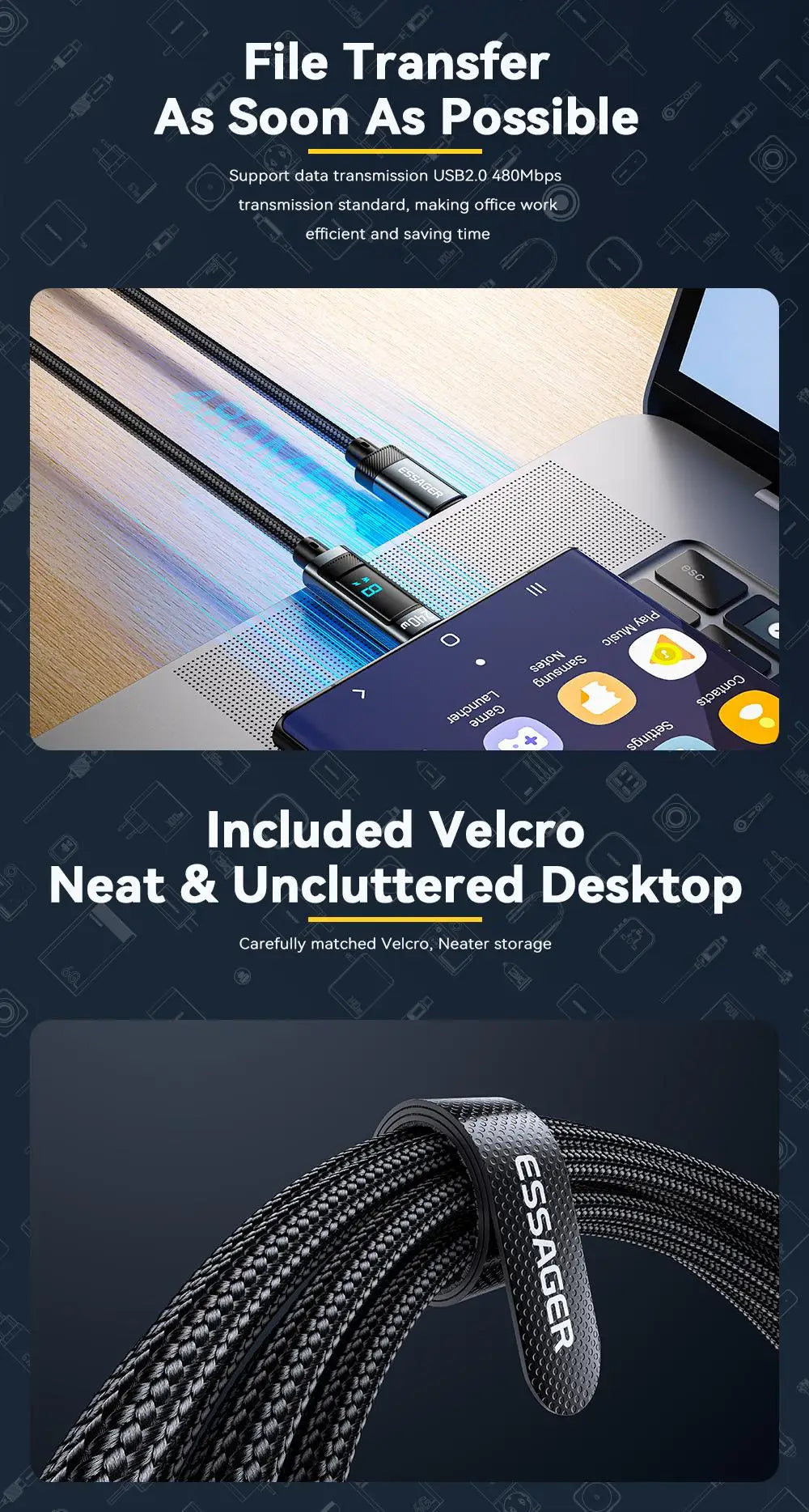 Essager 240W USB-C to USB-C Cable – PD 3.1 Fast Charging with LED Display | 1m & 2m