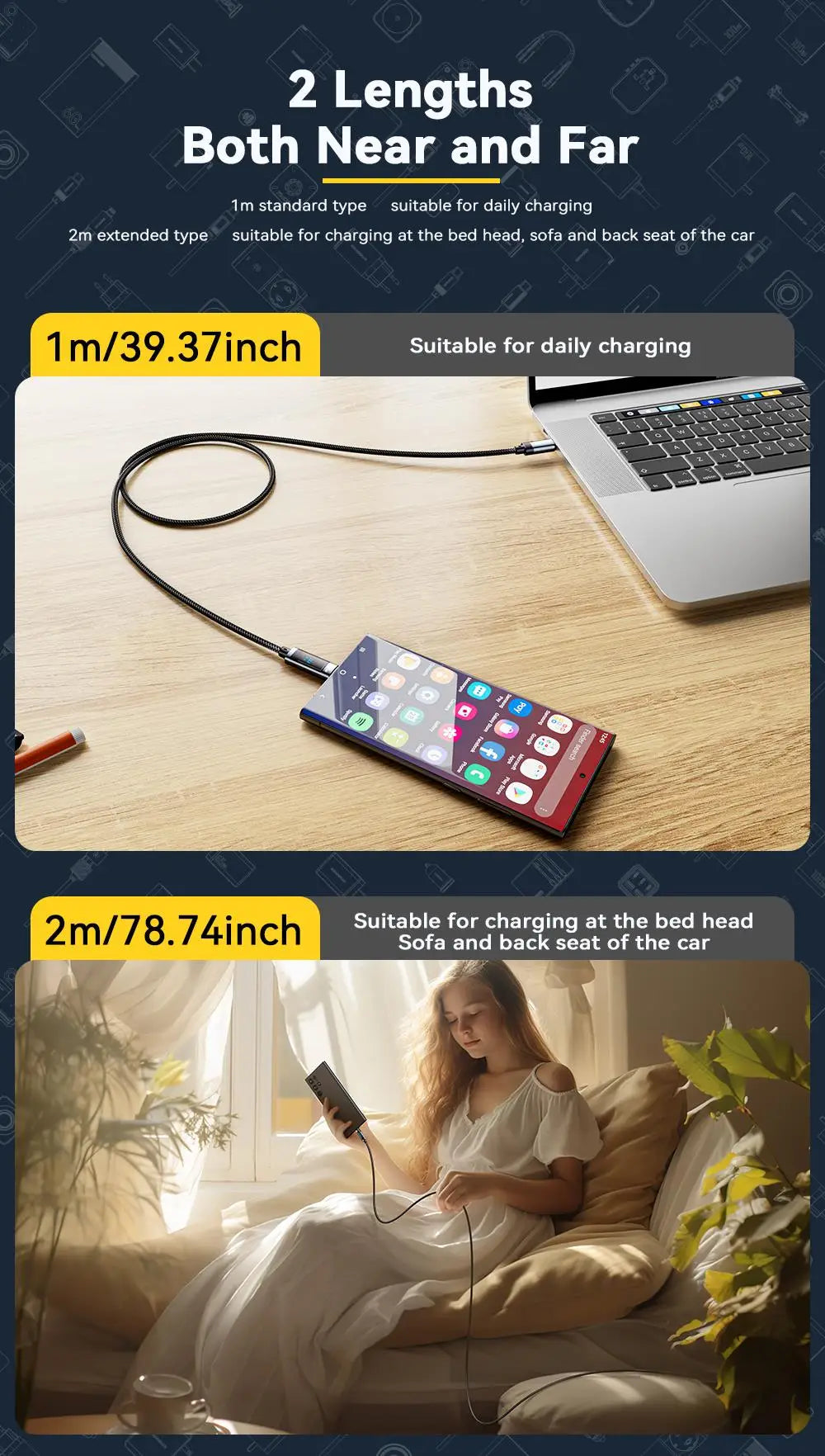 Essager 240W USB-C to USB-C Cable – PD 3.1 Fast Charging with LED Display | 1m & 2m