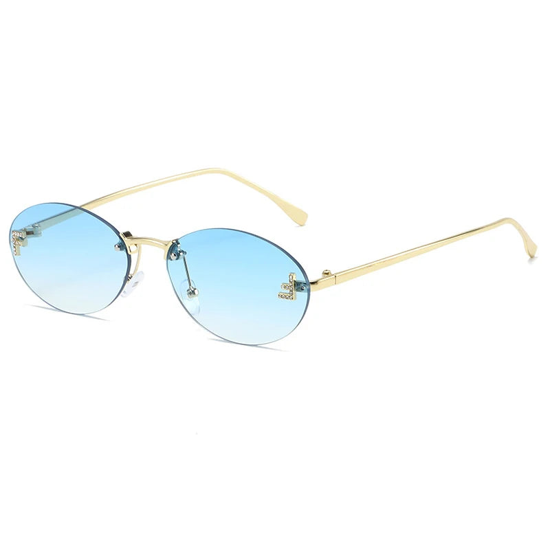 Diamond "F" Rimless Sunglasses – Luxury Oval Metal Frame UV400 Shades for Women