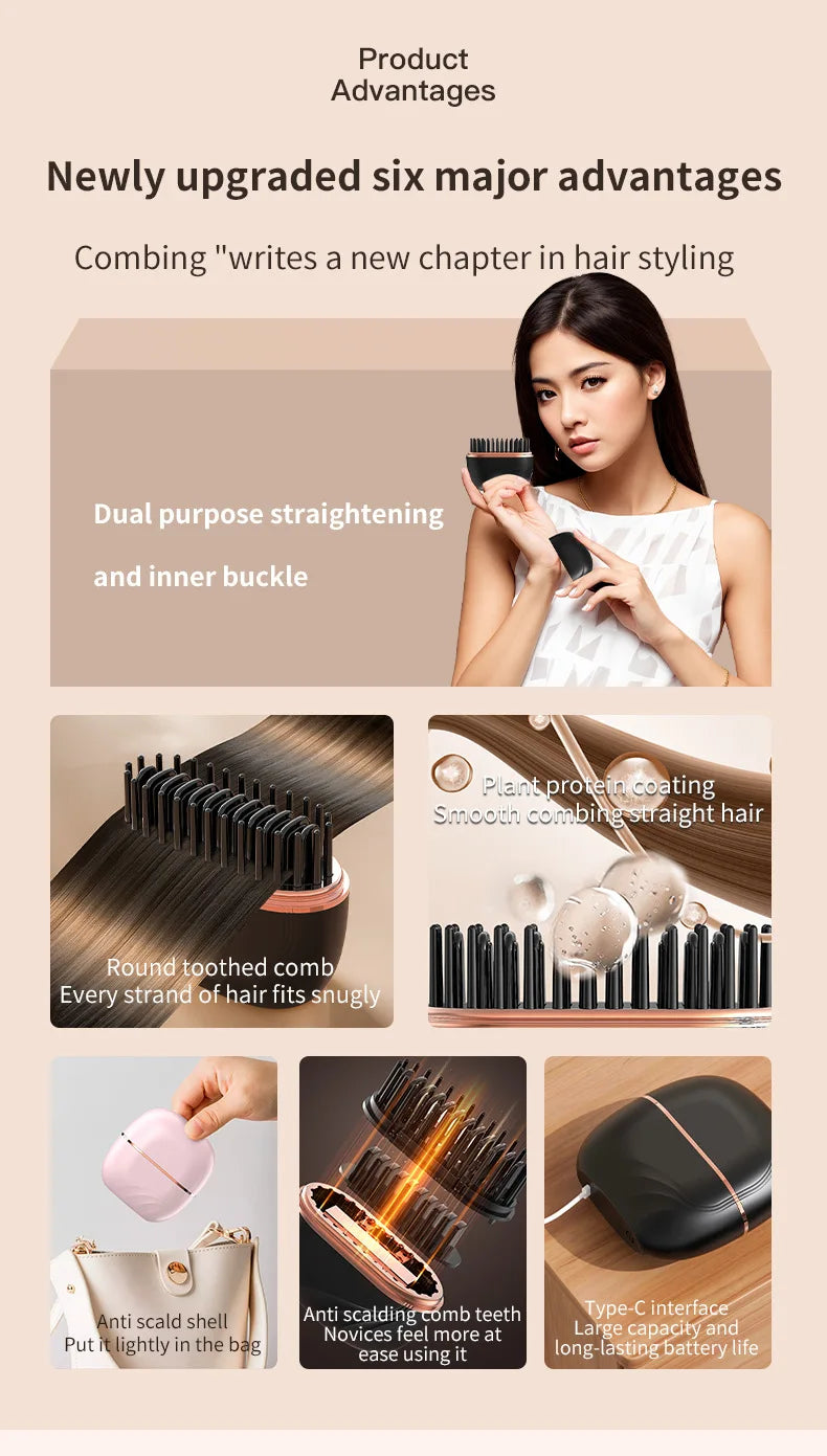 Cordless Mini Hair Straightener Brush – USB Rechargeable, Anti-Scald, Wet & Dry Use