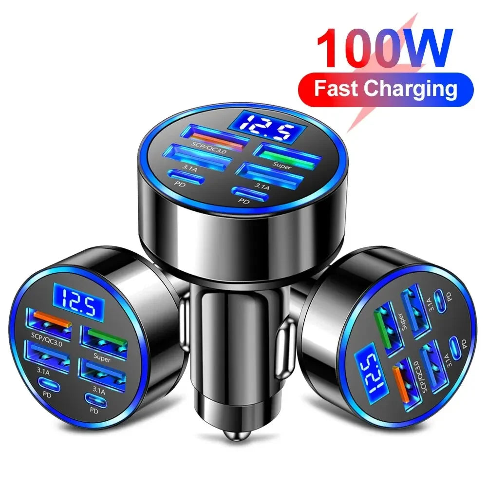 66-250W PD Car Charger – Multi-Port USB-C Fast Charge with Digital Display