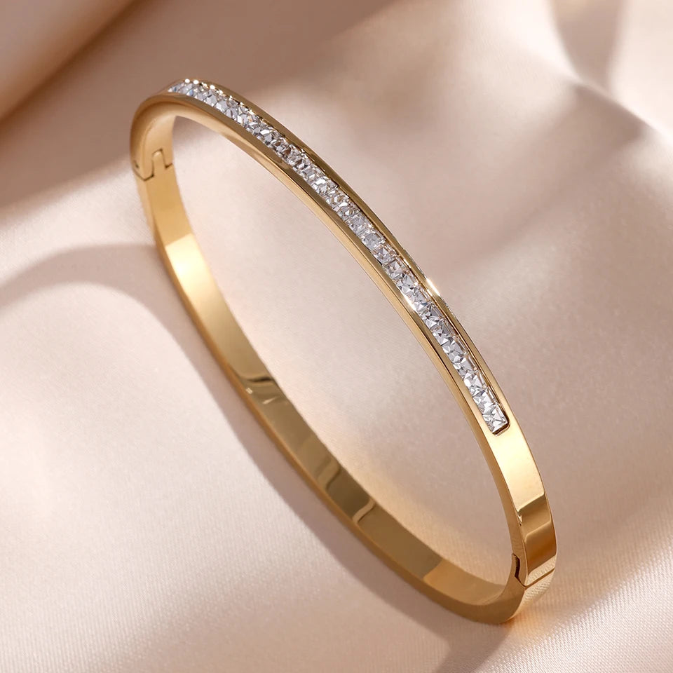 Sparkling Zirconia Stackable Bangle Set – Non-Fading Stainless Steel Bracelets for Women