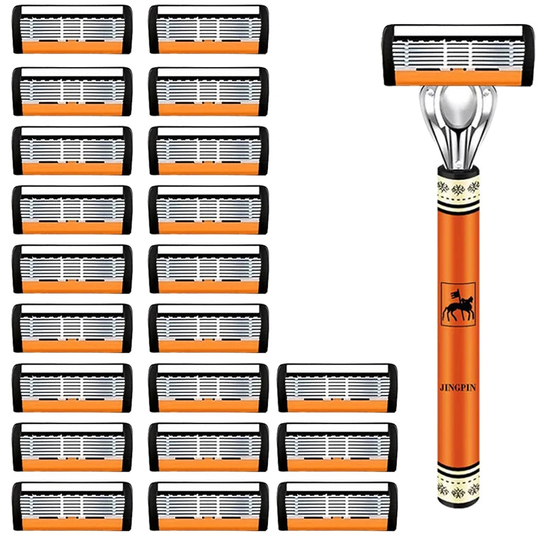 6-Layer Safety Razor Set for Men – Stainless Steel Shaver with Changeable Blade Head