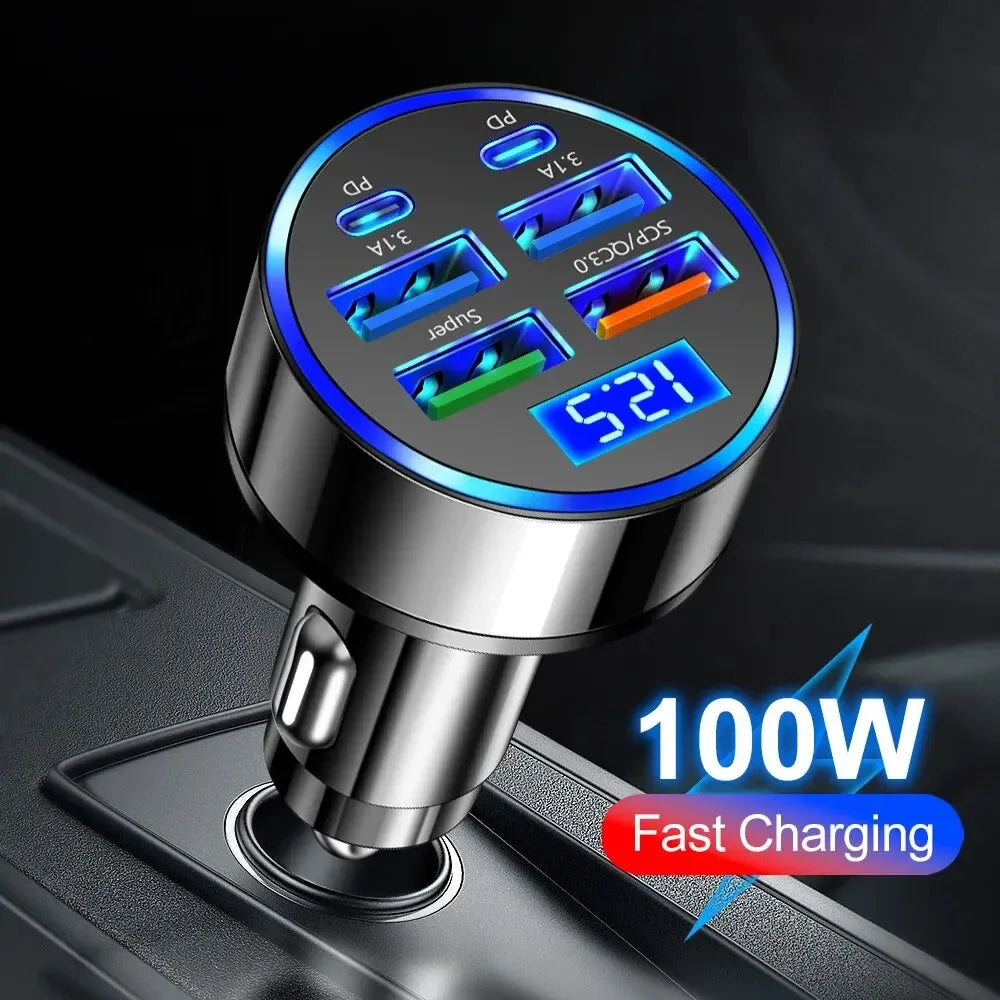 66-250W PD Car Charger – Multi-Port USB-C Fast Charge with Digital Display