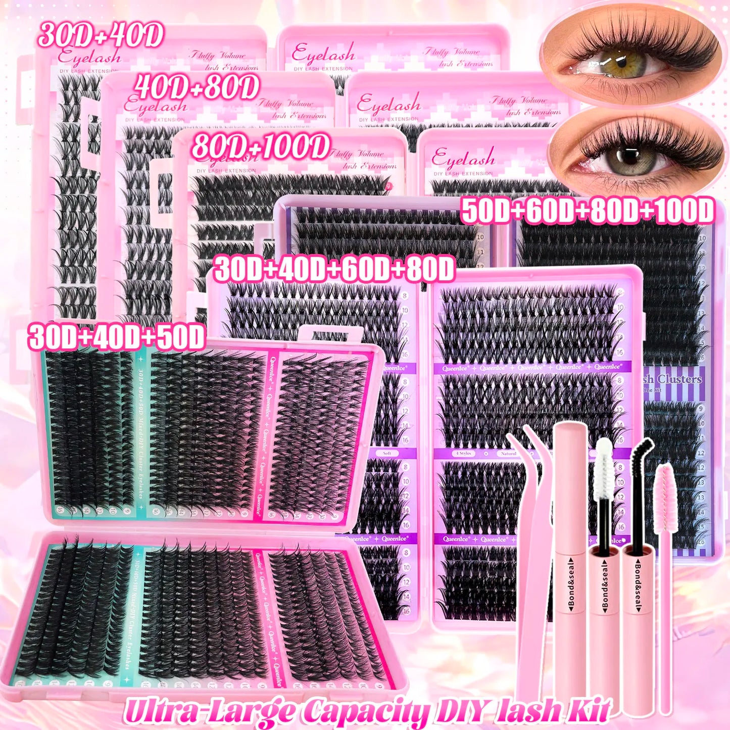 DIY Lash Extension Kit – Cluster Individual Eyelashes 9-16mm with Bond & Seal | Wispy Natural Look
