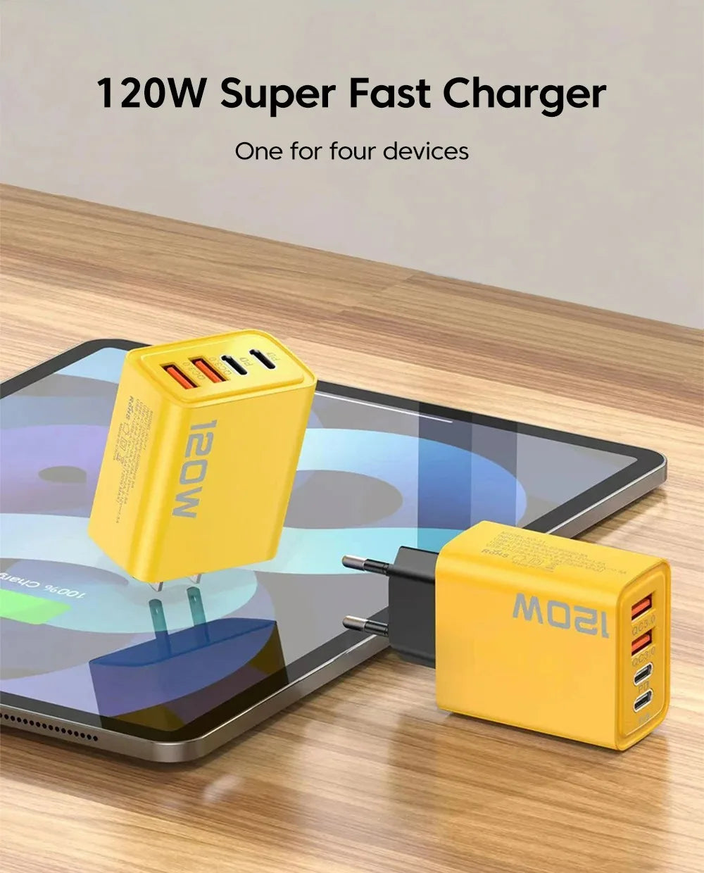 4-Port USB-C Fast Charger 120W – Quick Charge 3.0 for iPhone, Samsung & More