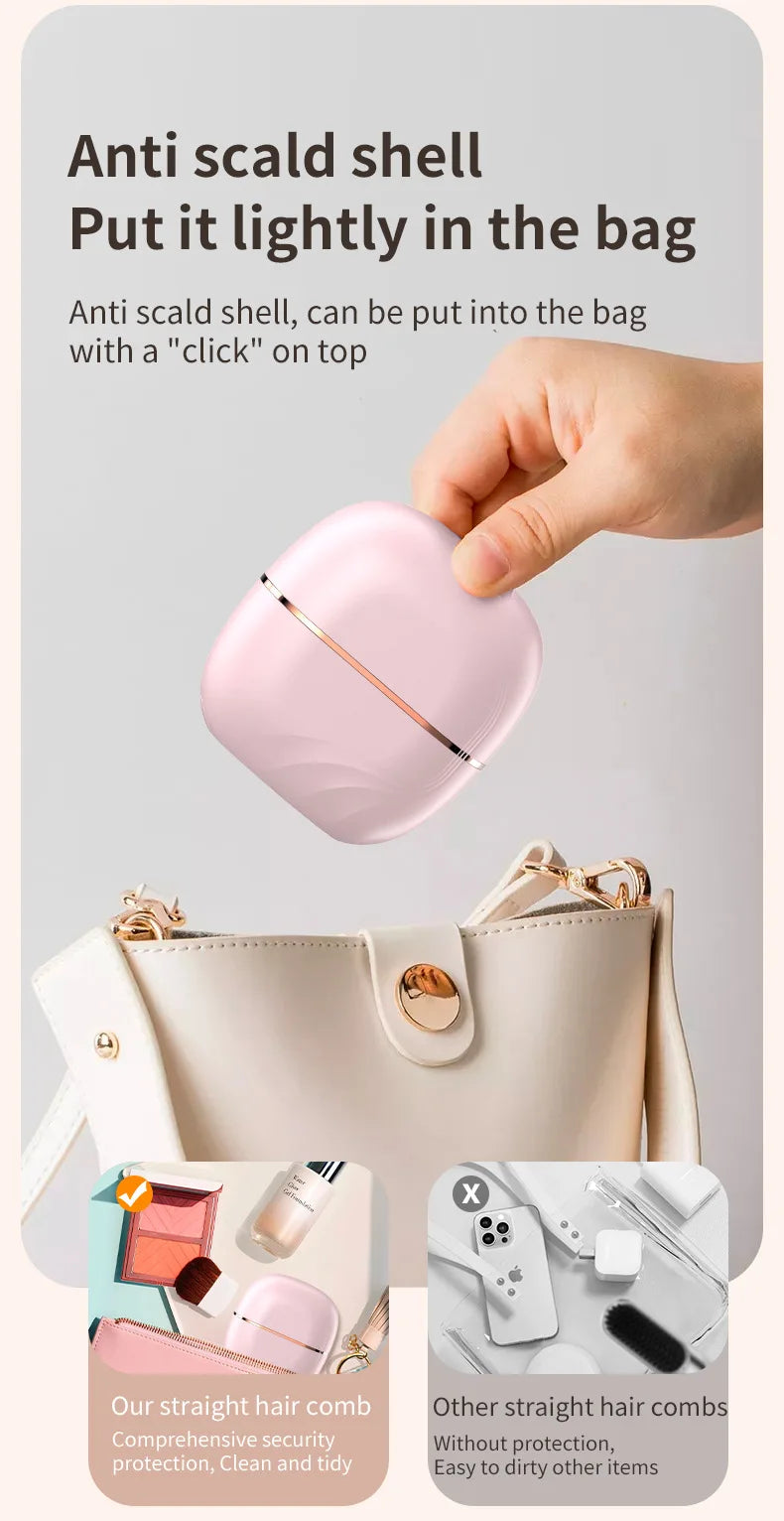 Cordless Mini Hair Straightener Brush – USB Rechargeable, Anti-Scald, Wet & Dry Use