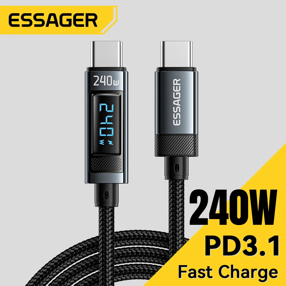 Essager 240W USB-C to USB-C Cable – PD 3.1 Fast Charging with LED Display | 1m & 2m