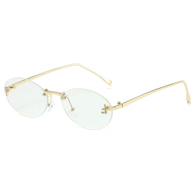 Diamond "F" Rimless Sunglasses – Luxury Oval Metal Frame UV400 Shades for Women
