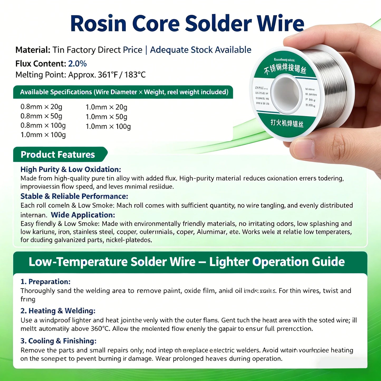 Rosin Core Soldering Wire — No-Clean Flux 2.0% | 0.8mm & 1.0mm