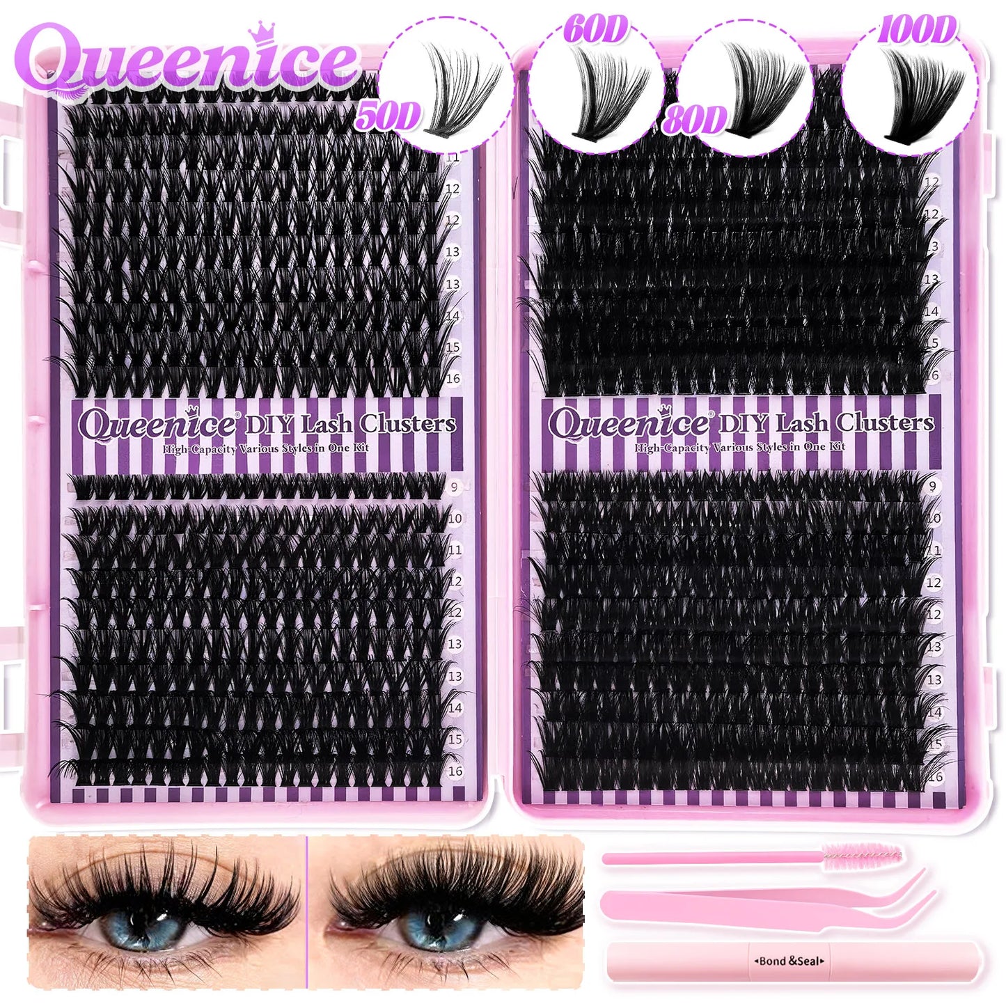 DIY Lash Extension Kit – Cluster Individual Eyelashes 9-16mm with Bond & Seal | Wispy Natural Look