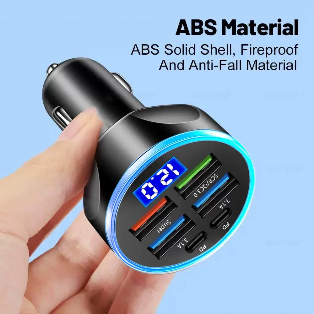 66-250W PD Car Charger – Multi-Port USB-C Fast Charge with Digital Display