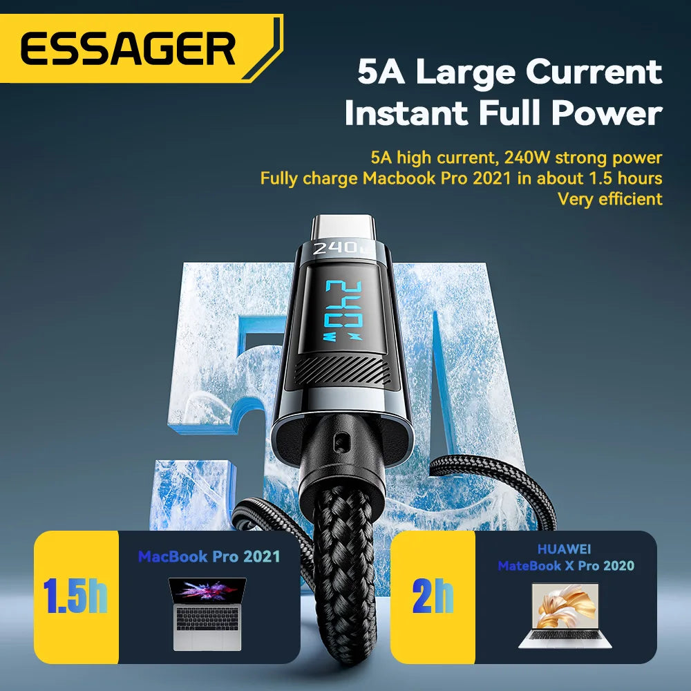 Essager 240W USB-C to USB-C Cable – PD 3.1 Fast Charging with LED Display | 1m & 2m