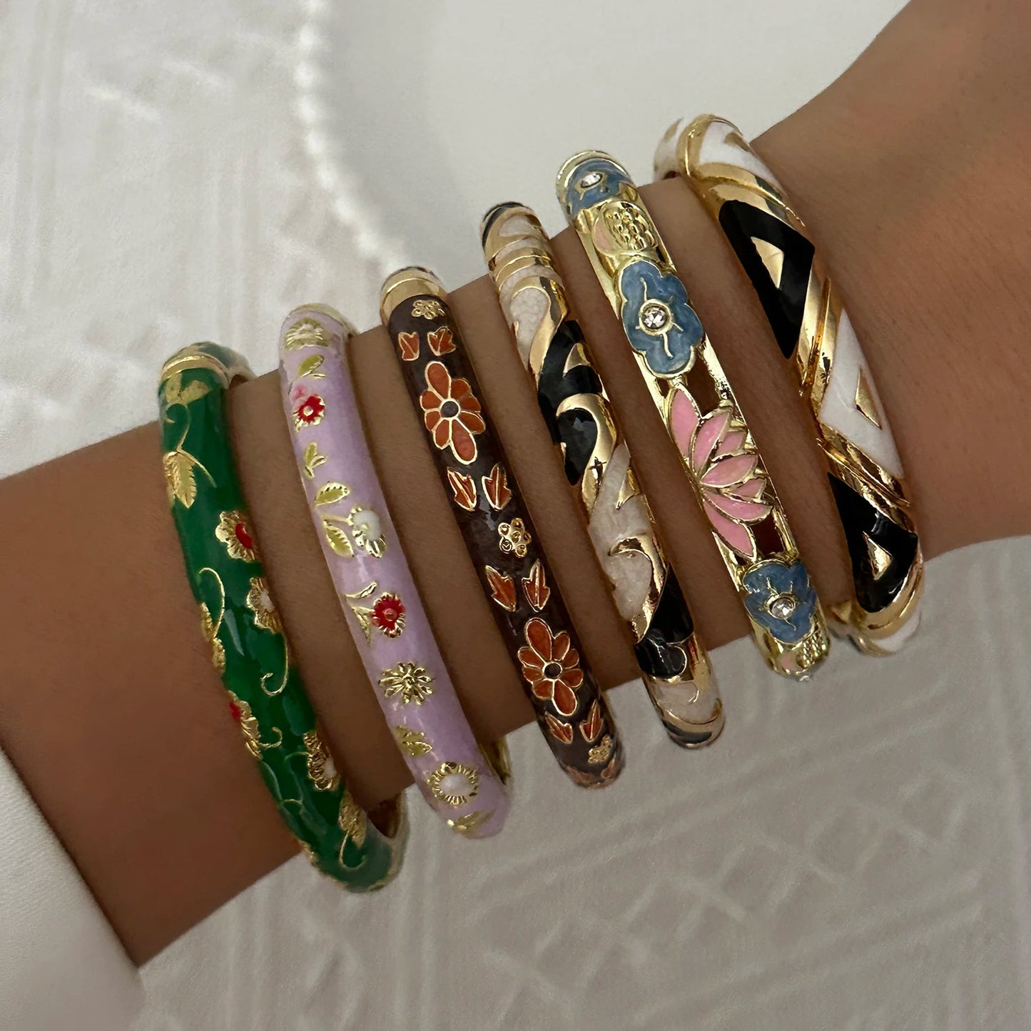 Enamel Flower Bracelet for Women | Retro Gold Plated Evil Eye Zircon Bangle