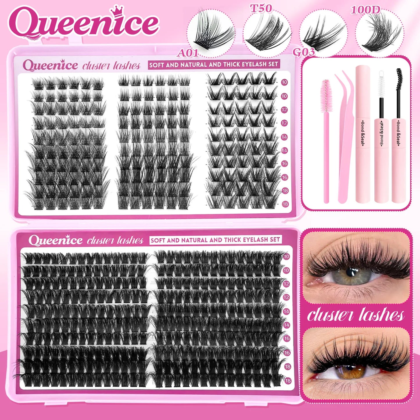 DIY Lash Extension Kit – Cluster Individual Eyelashes 9-16mm with Bond & Seal | Wispy Natural Look