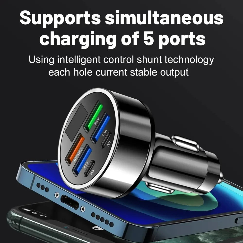66-250W PD Car Charger – Multi-Port USB-C Fast Charge with Digital Display