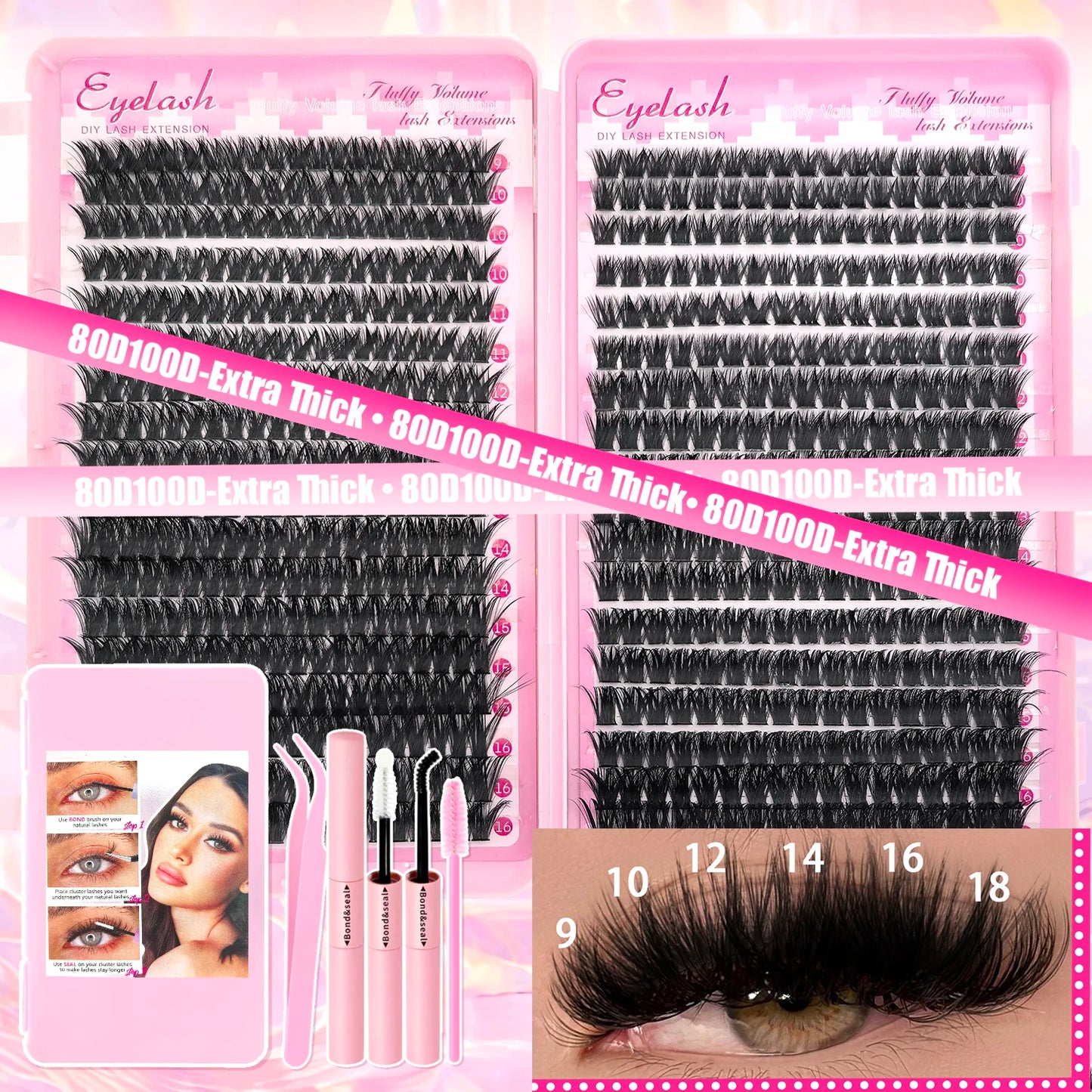 DIY Lash Extension Kit – Cluster Individual Eyelashes 9-16mm with Bond & Seal | Wispy Natural Look