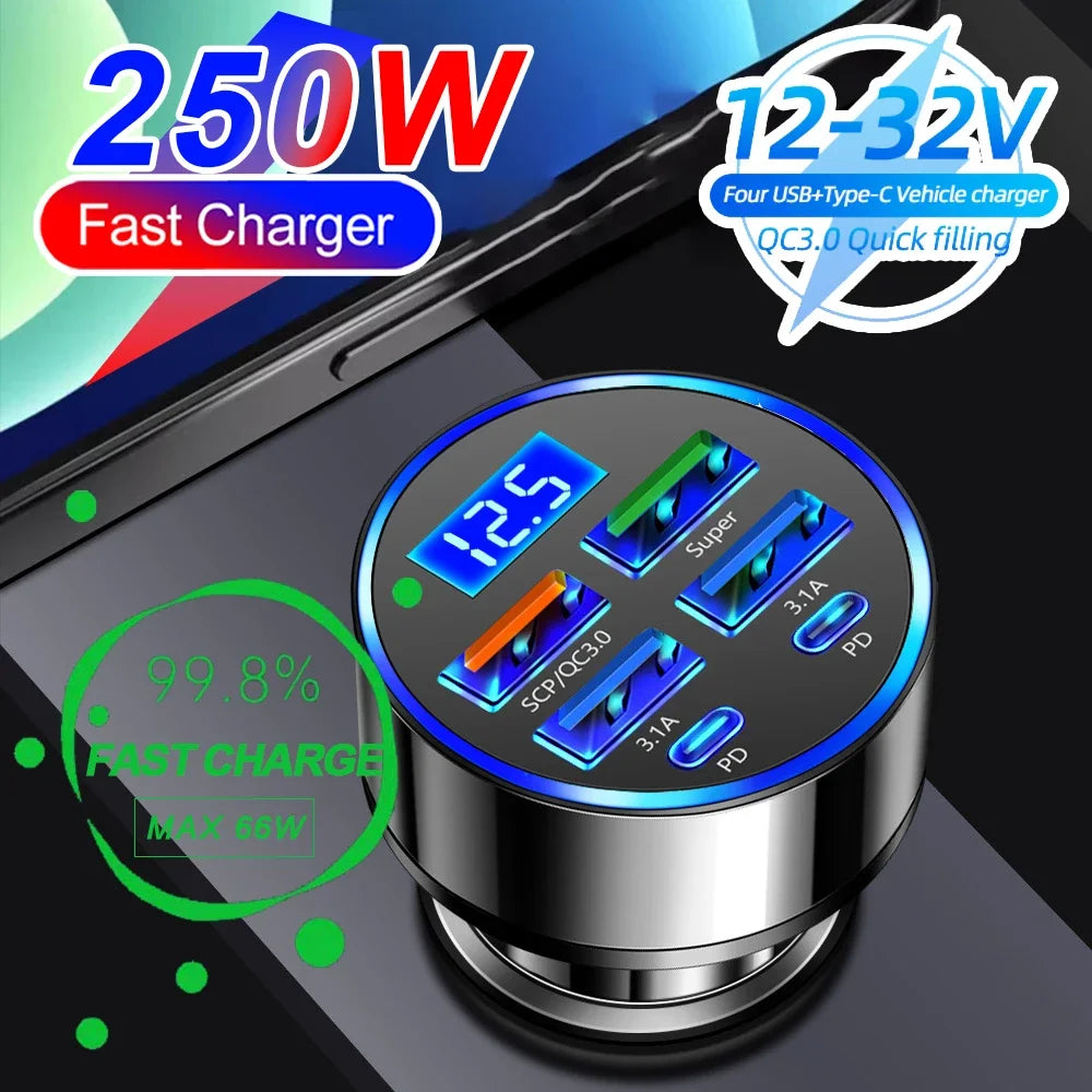 66-250W PD Car Charger – Multi-Port USB-C Fast Charge with Digital Display