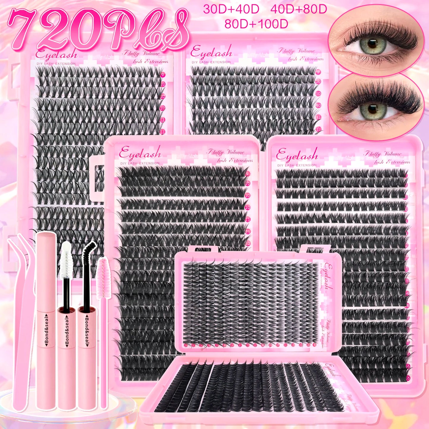DIY Lash Extension Kit – Cluster Individual Eyelashes 9-16mm with Bond & Seal | Wispy Natural Look