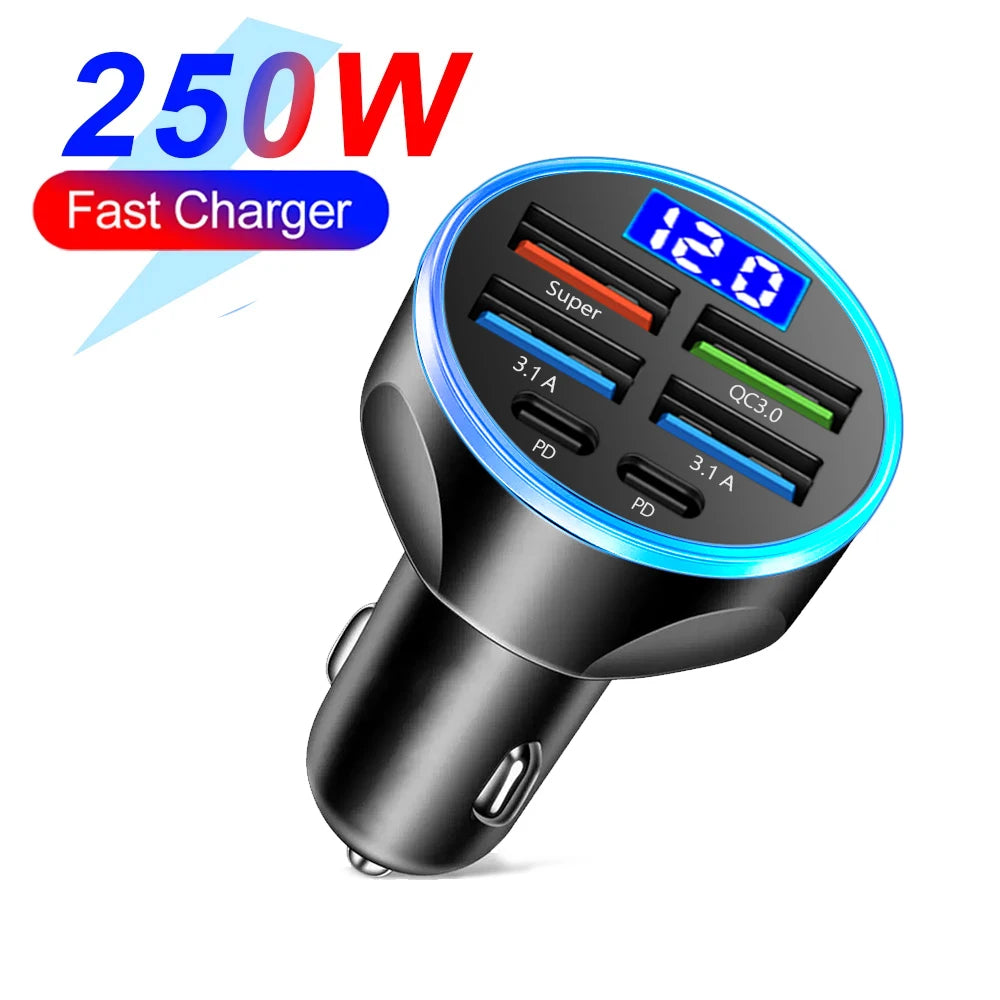 66-250W PD Car Charger – Multi-Port USB-C Fast Charge with Digital Display