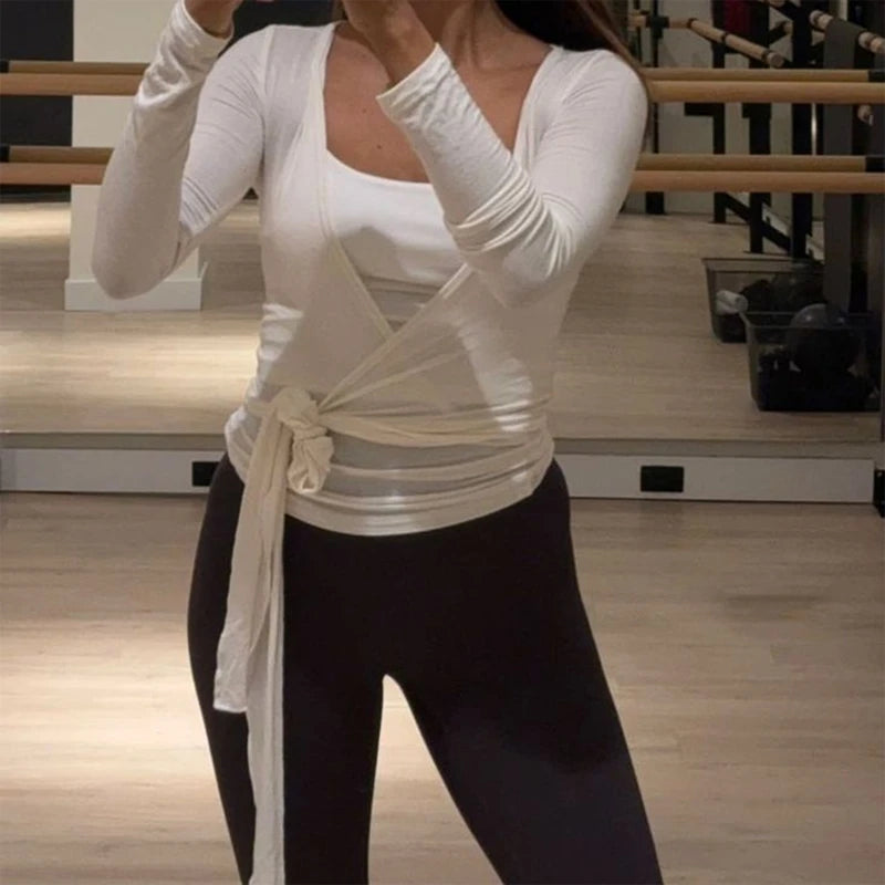 Women's Cross Wrap Yoga Crop Top – Long Sleeve Deep V-Neck Slim Fit