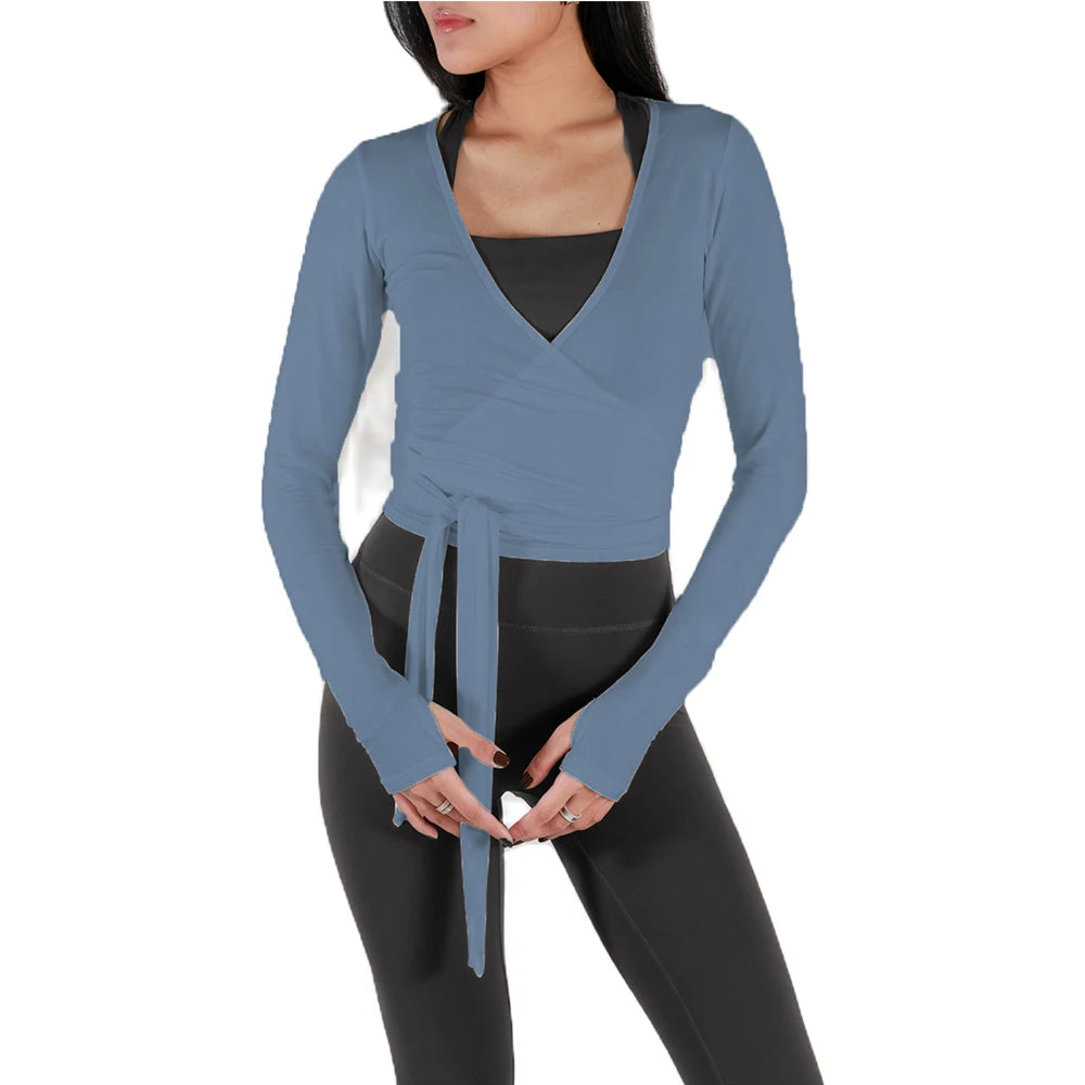 Women's Ballet Wrap Crop Top | Long Sleeve V-Neck Y2K Workout Tee with Thumb Holes