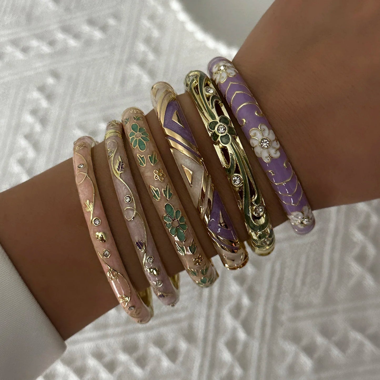 Enamel Flower Bracelet for Women | Retro Gold Plated Evil Eye Zircon Bangle