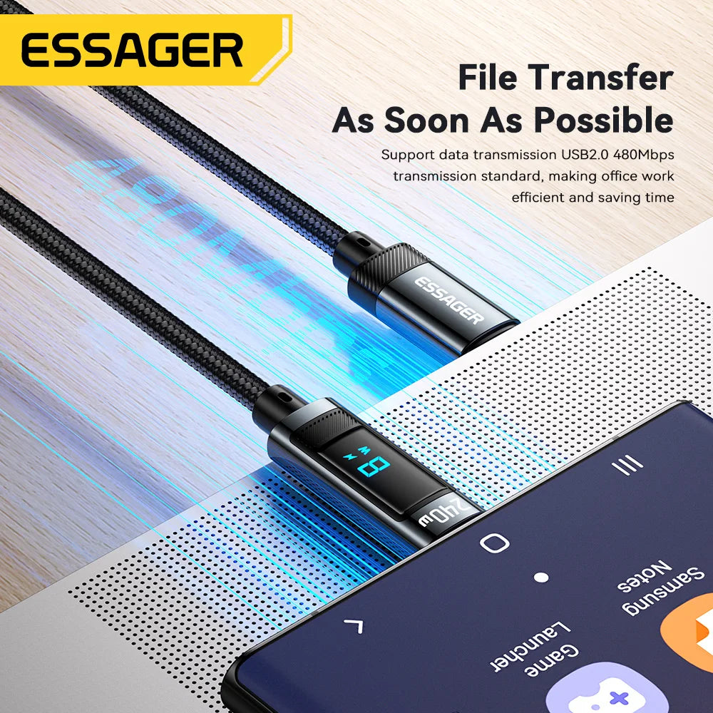 Essager 240W USB-C to USB-C Cable – PD 3.1 Fast Charging with LED Display | 1m & 2m