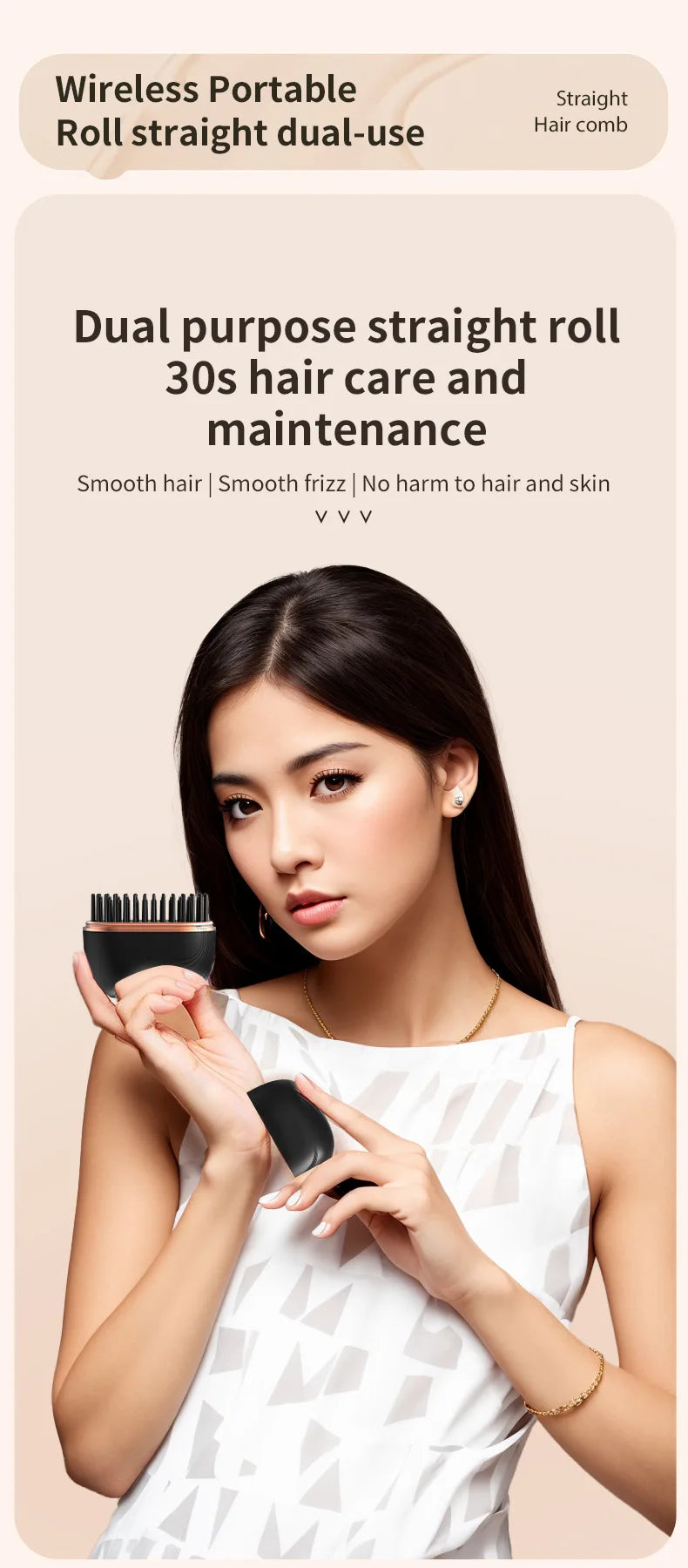 Cordless Mini Hair Straightener Brush – USB Rechargeable, Anti-Scald, Wet & Dry Use