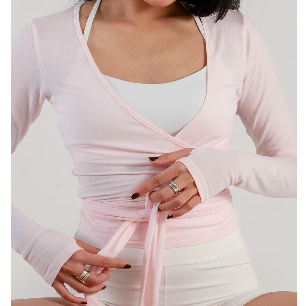 Women's Ballet Wrap Crop Top | Long Sleeve V-Neck Y2K Workout Tee with Thumb Holes