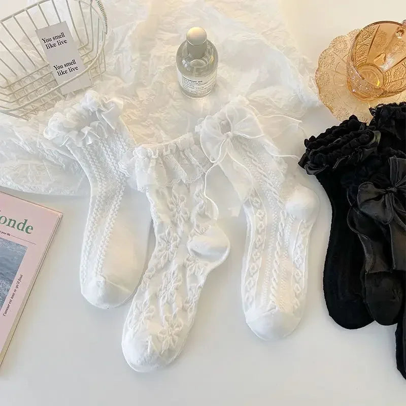 Kawaii Lace & Bow Ruffle Socks — Women's Cotton Stockings (6 Styles)