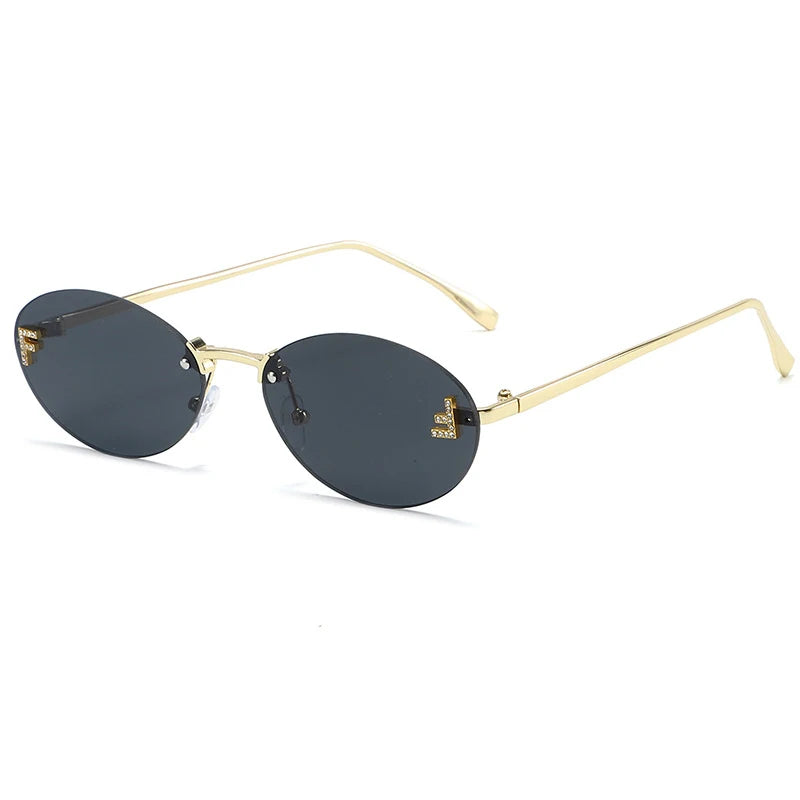 Diamond "F" Rimless Sunglasses – Luxury Oval Metal Frame UV400 Shades for Women