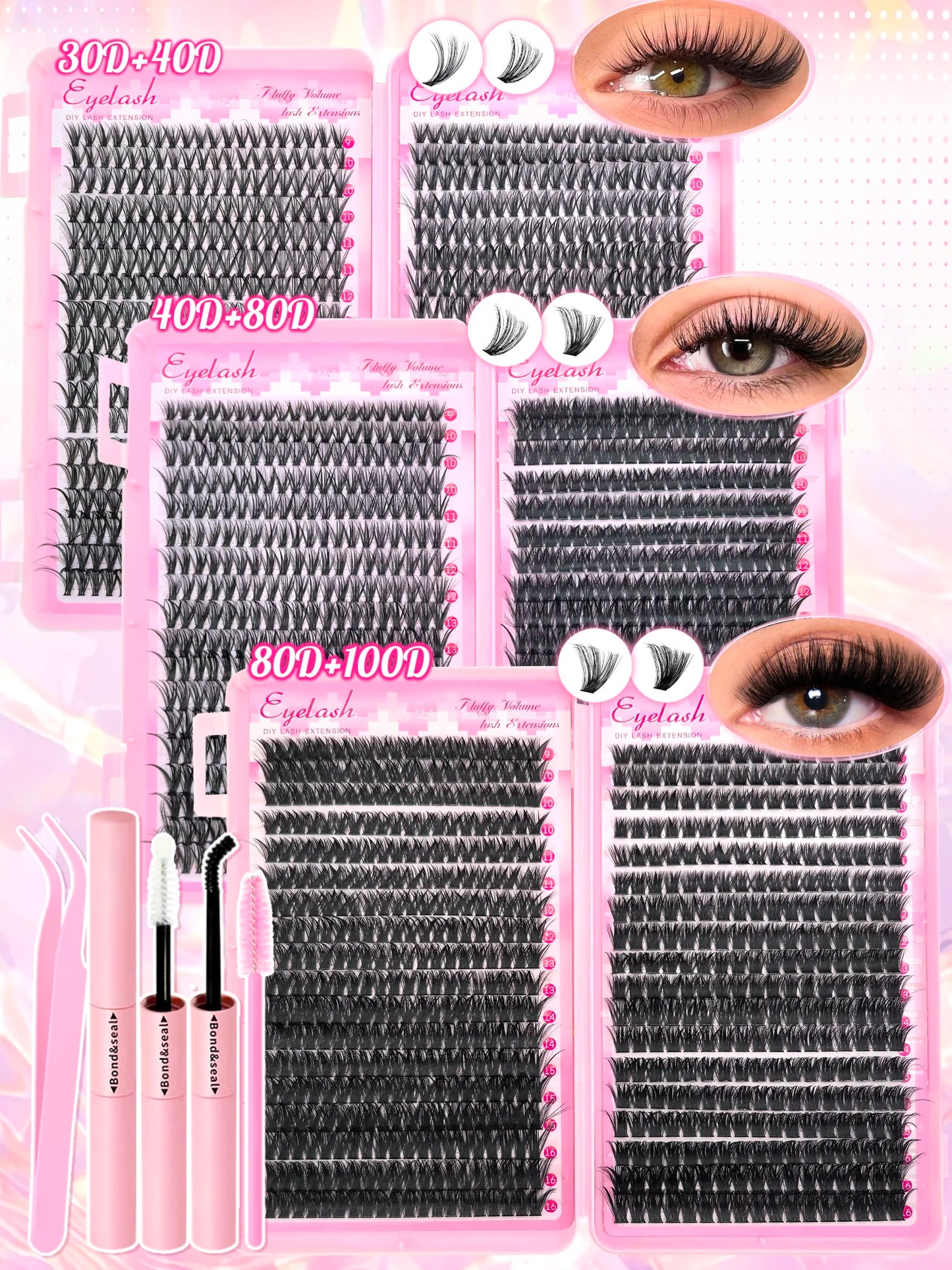 DIY Lash Extension Kit – Cluster Individual Eyelashes 9-16mm with Bond & Seal | Wispy Natural Look
