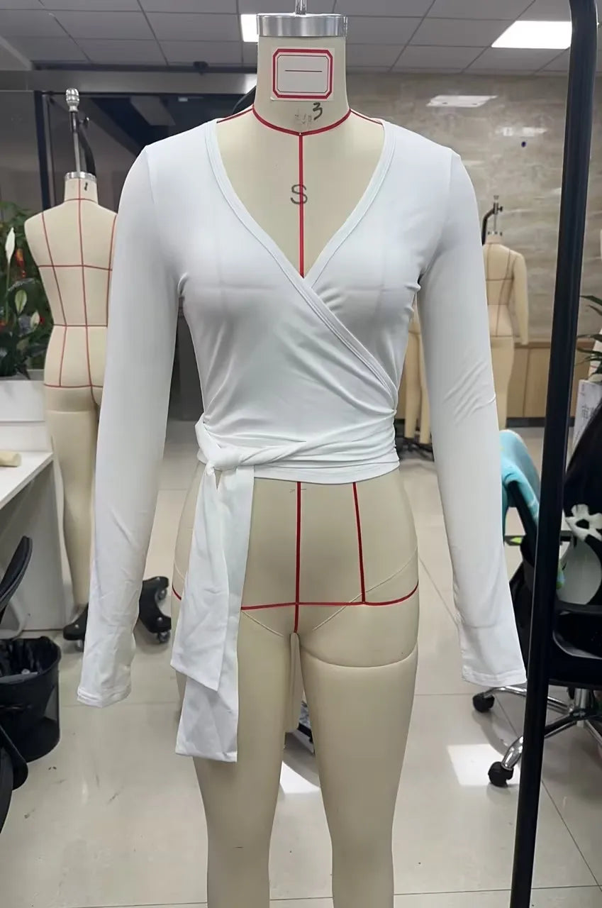 Women's Ballet Wrap Crop Top | Long Sleeve V-Neck Y2K Workout Tee with Thumb Holes