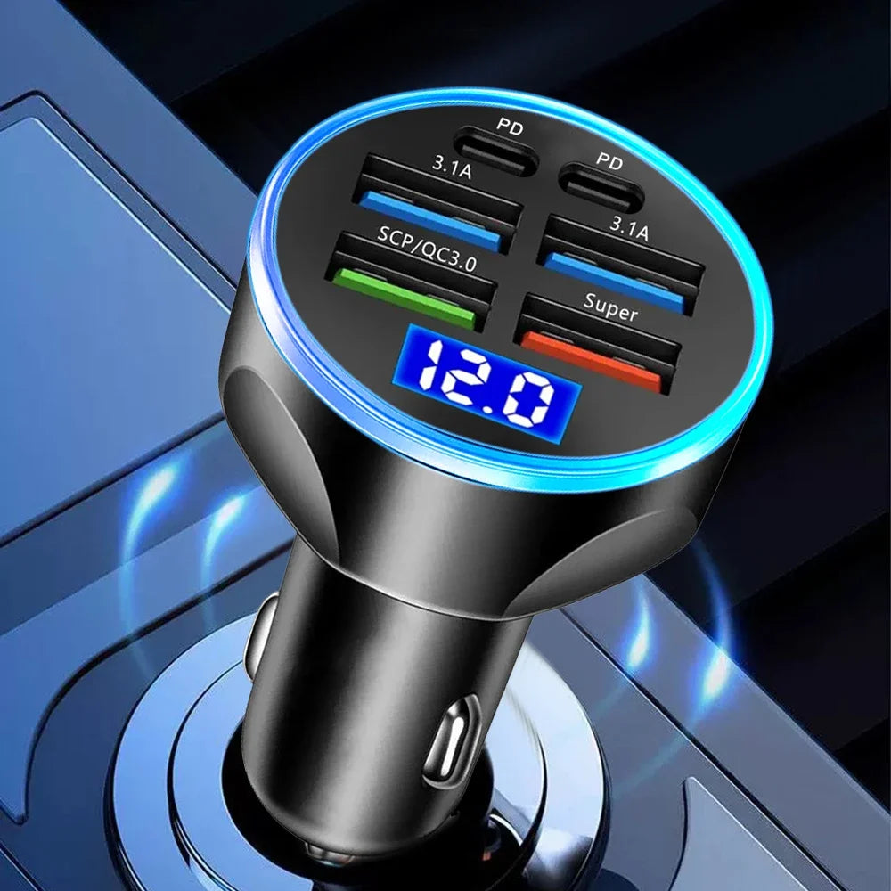 66-250W PD Car Charger – Multi-Port USB-C Fast Charge with Digital Display