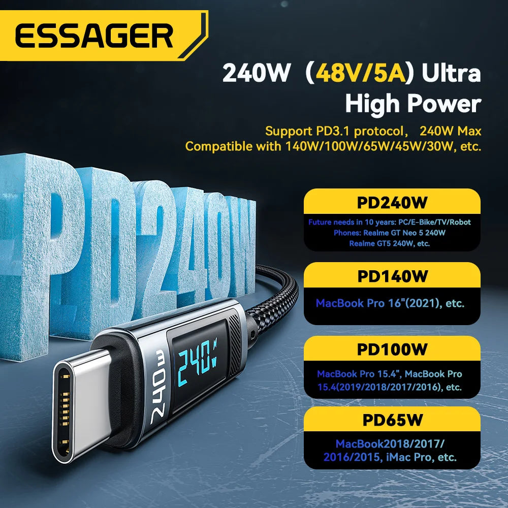 Essager 240W USB-C to USB-C Cable – PD 3.1 Fast Charging with LED Display | 1m & 2m