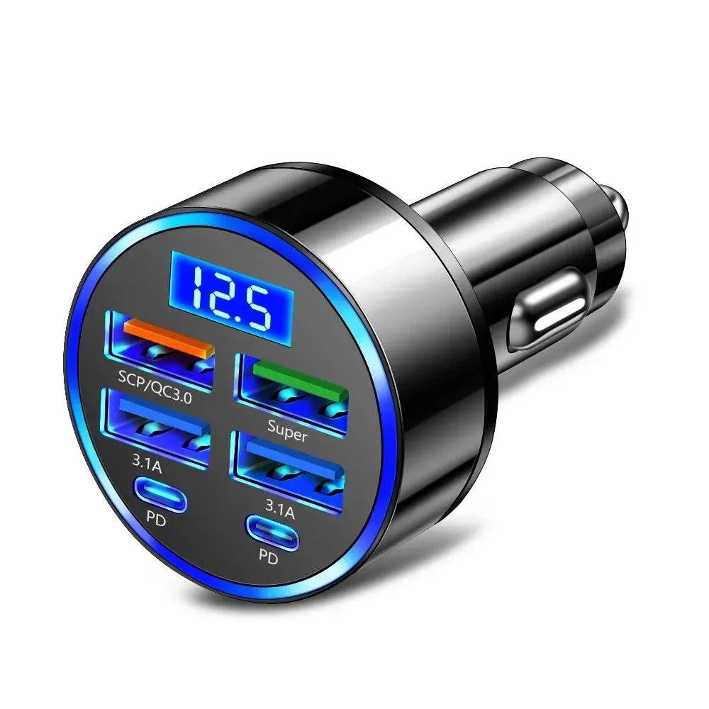 66-250W PD Car Charger – Multi-Port USB-C Fast Charge with Digital Display