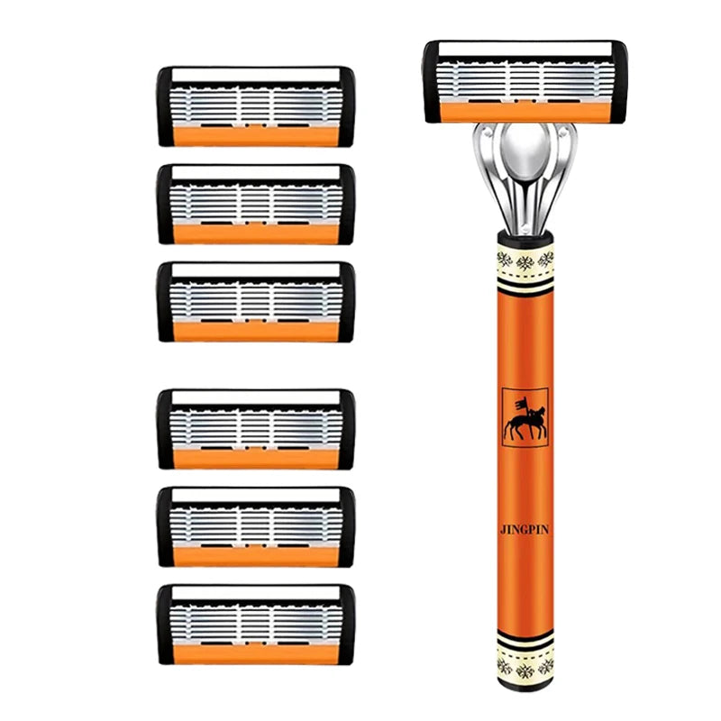 6-Layer Safety Razor Set for Men – Stainless Steel Shaver with Changeable Blade Head
